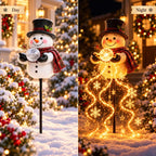 Solis Yuletide Glow — snowman solar stake light by day and glowing at night in a snowy garden