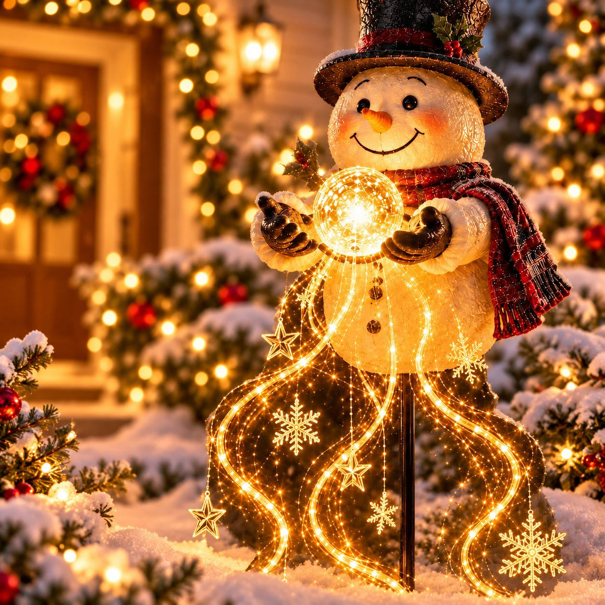 Solis Yuletide Glow — light-up snowman with a fountain of snowflake lights