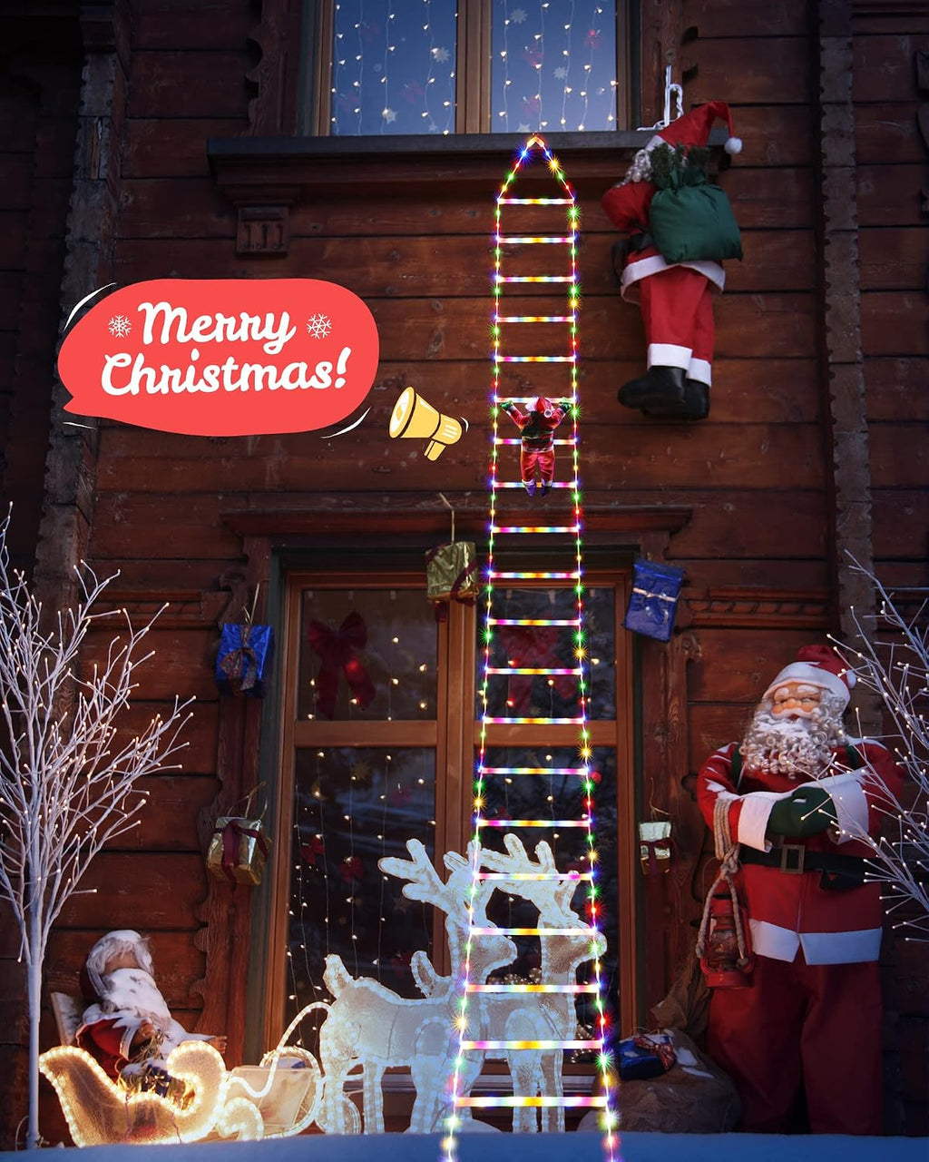 Solis Yuletide Santa Ladder Lights on a house wall with Santa climbing toward the roof