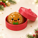 Solis Yuletide — Gingerbread Man Christmas squishy bun in its red gift tin