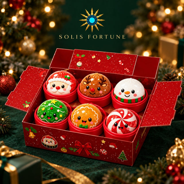 Solis Yuletide — Christmas squishy gift box opened to show six designs
