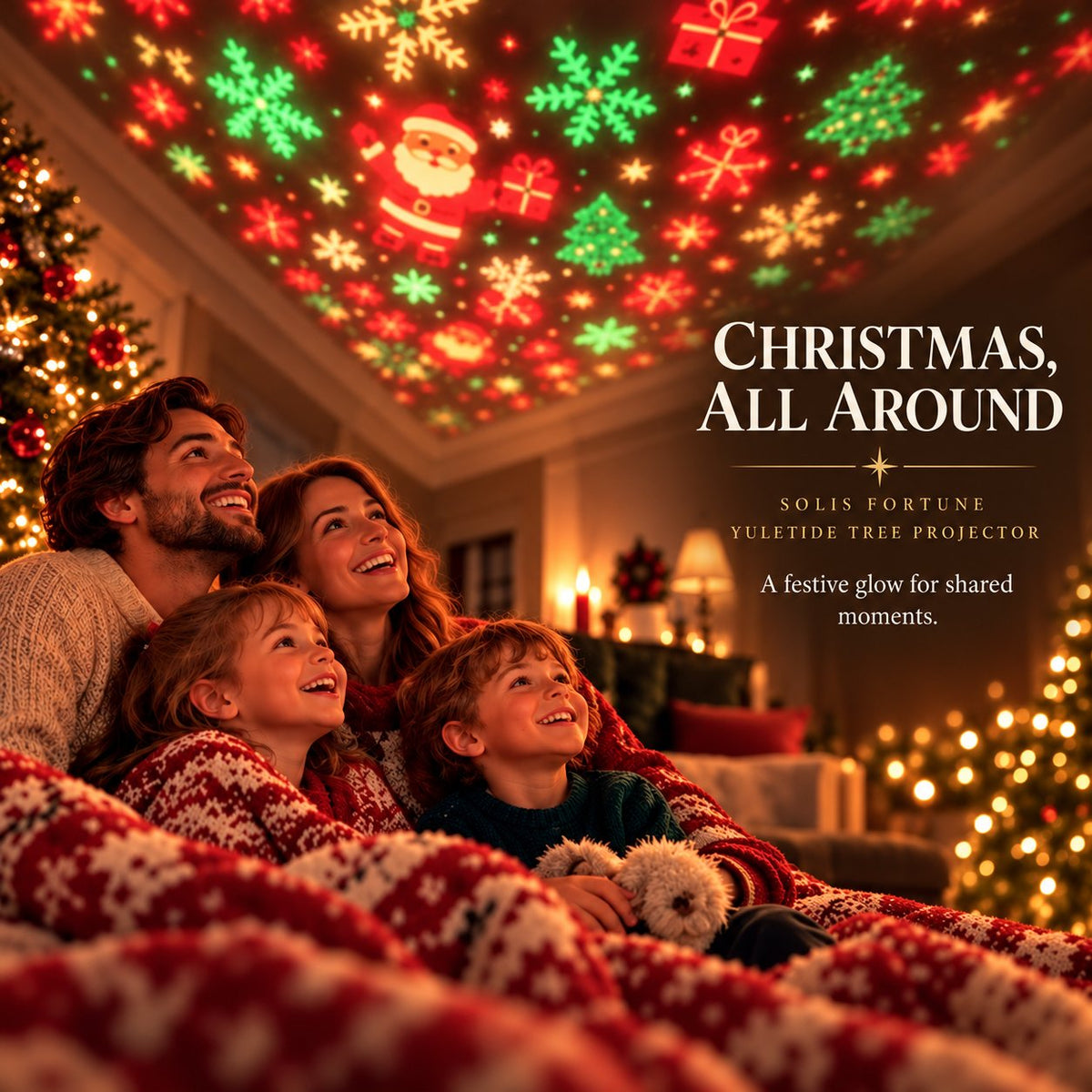 Solis Yuletide — family watching festive Christmas motifs projected on the ceiling