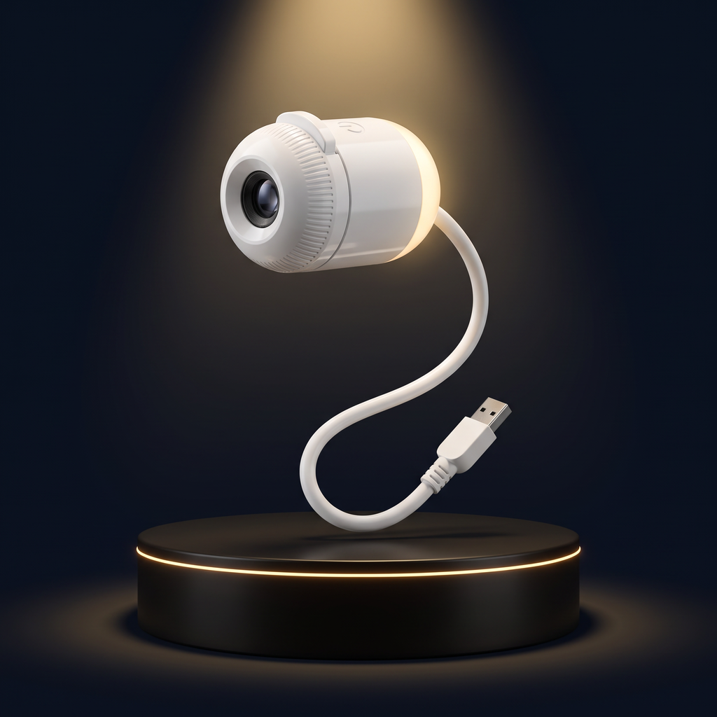 The Solis Nova slide projector on a lit black podium, its flexible arm curved and the USB plug at the end of it