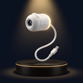The Solis Nova slide projector on a lit black podium, its flexible arm curved and the USB plug at the end of it