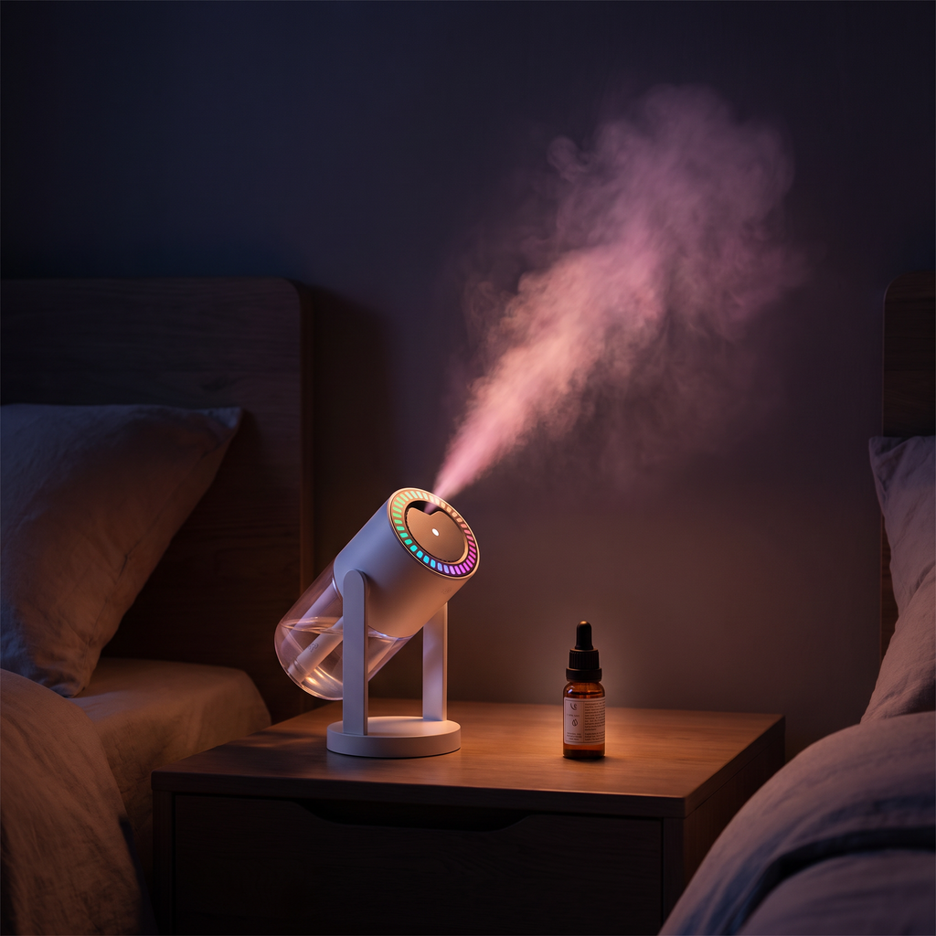 The Solis Nimbus running on a bedside table in a dark bedroom