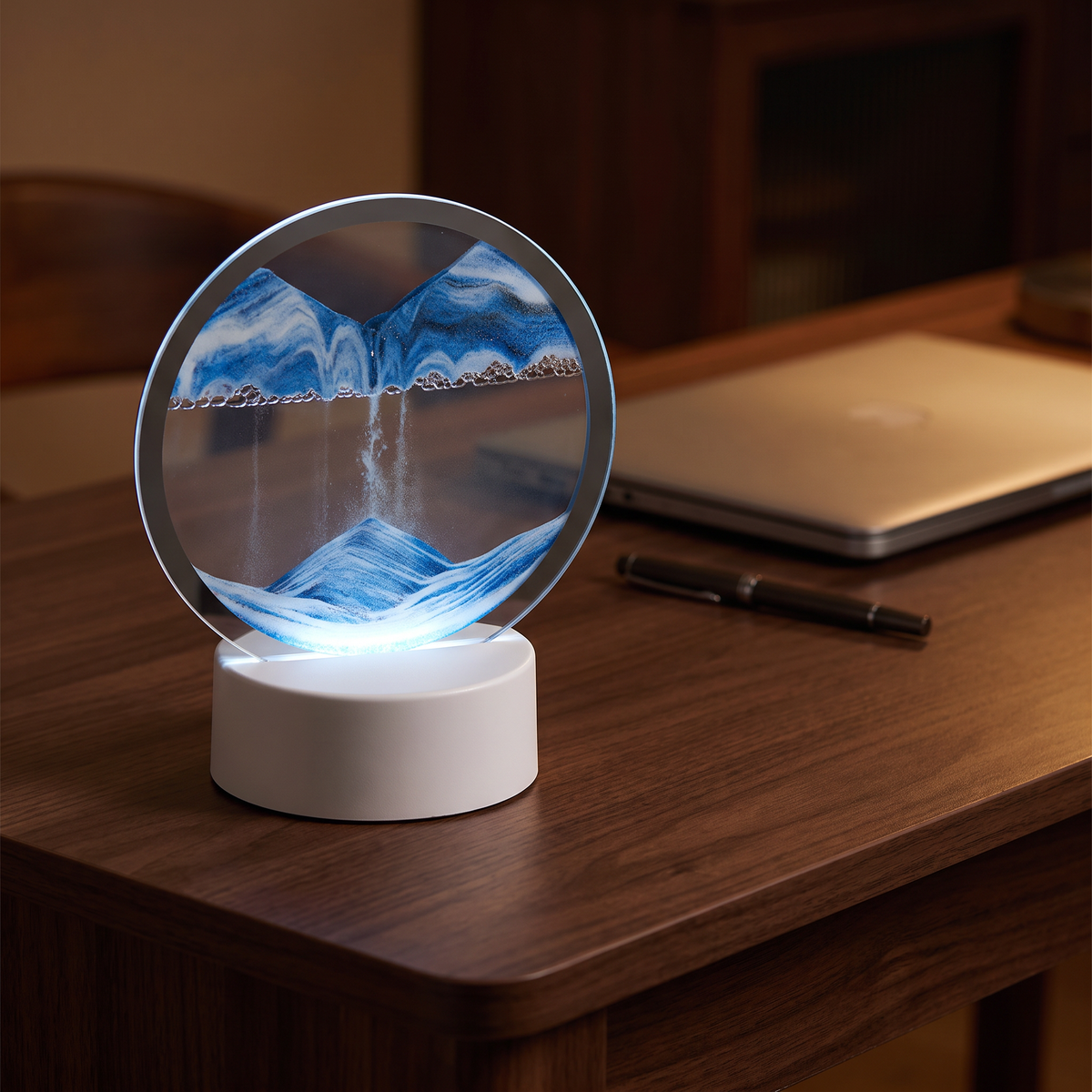 The Solis Dune on a desk in a dim room, backlit
