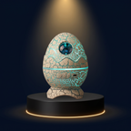 The Solis Ovum galaxy egg projector on a lit black podium, cracked-stone shell glowing