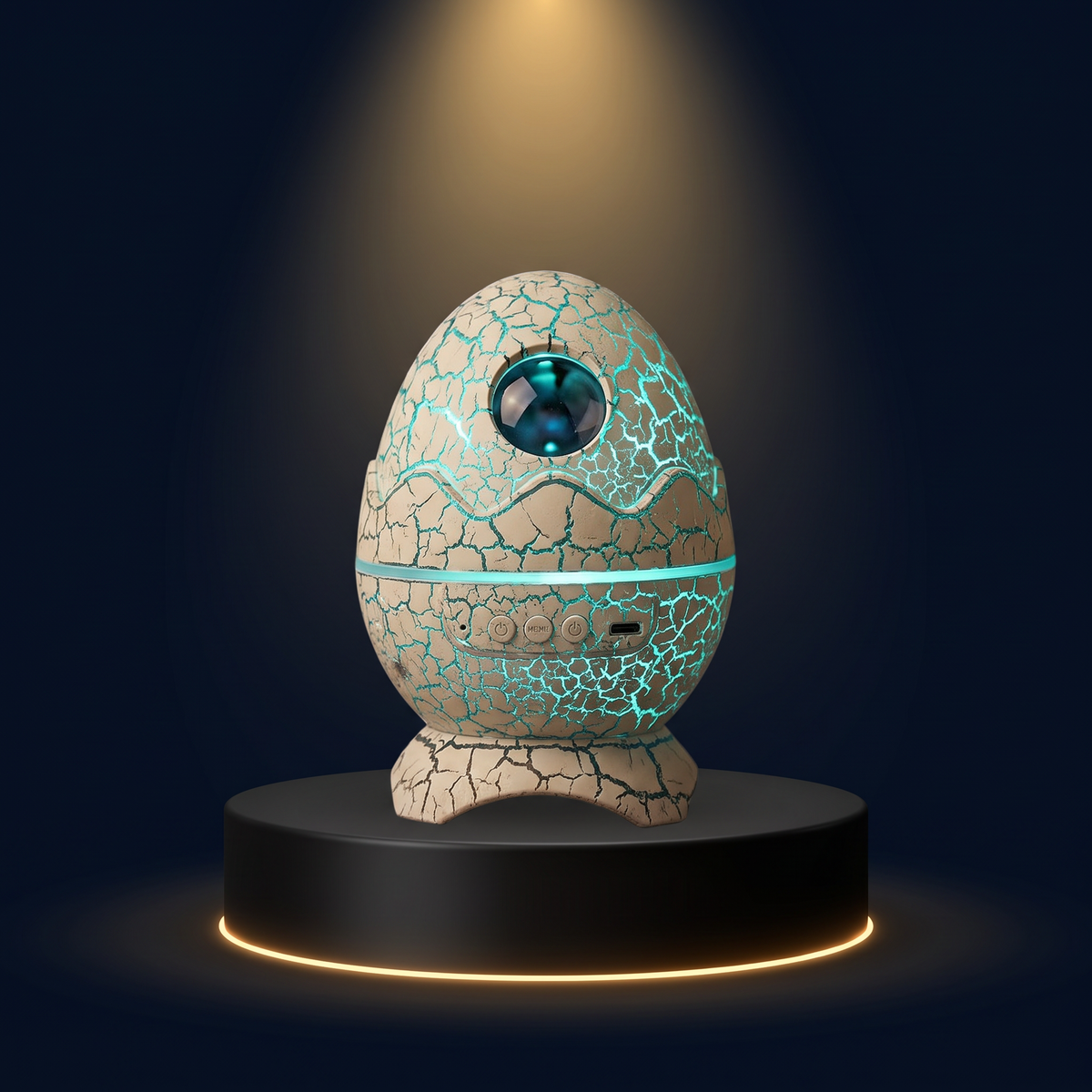 The Solis Ovum galaxy egg projector on a lit black podium, cracked-stone shell glowing